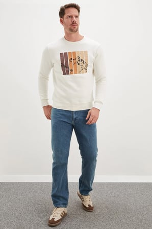 3 İplik Dağ Baskılı Bisiklet Yaka Sweatshirt