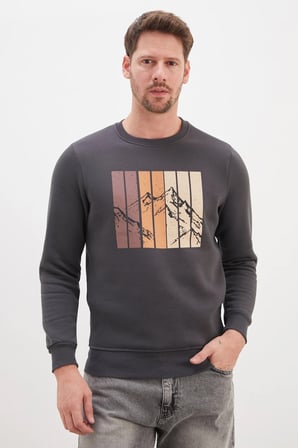 3 İplik Dağ Baskılı Bisiklet Yaka Sweatshirt