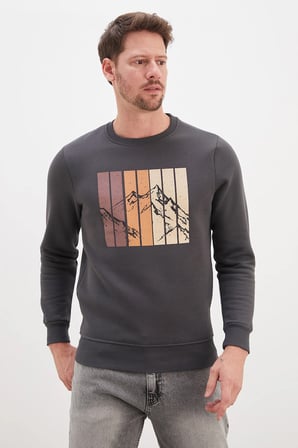 3 İplik Dağ Baskılı Bisiklet Yaka Sweatshirt