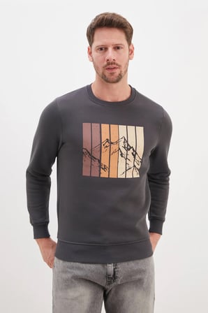 3 İplik Dağ Baskılı Bisiklet Yaka Sweatshirt