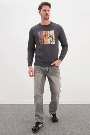 3 İplik Dağ Baskılı Bisiklet Yaka Sweatshirt