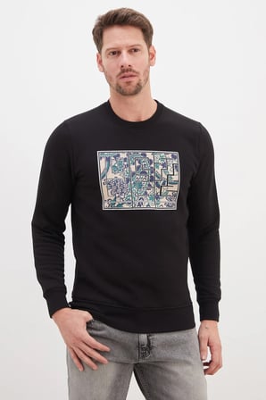 3 İplik Çiçekli Labirent Baskılı Bisiklet Yaka Sweatshirt