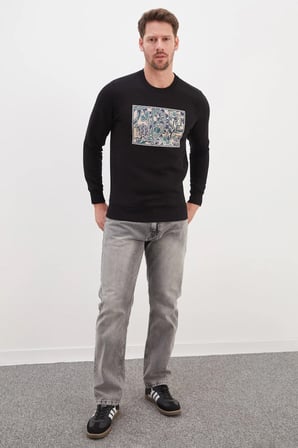 3 İplik Çiçekli Labirent Baskılı Bisiklet Yaka Sweatshirt