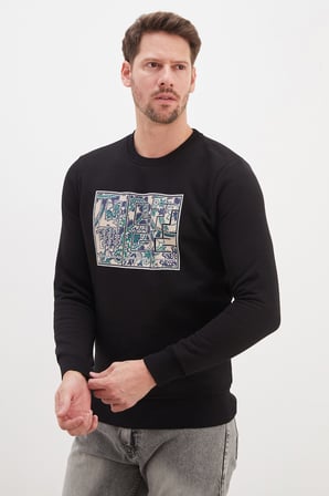 3 İplik Çiçekli Labirent Baskılı Bisiklet Yaka Sweatshirt