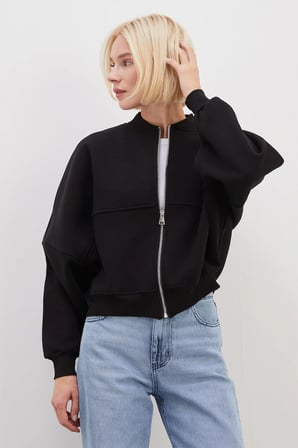 3 İplik Basic Fermuarlı Dik Yaka Crop Sweatshirt