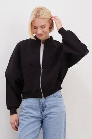 3 İplik Basic Fermuarlı Dik Yaka Crop Sweatshirt
