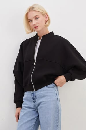 3 İplik Basic Fermuarlı Dik Yaka Crop Sweatshirt