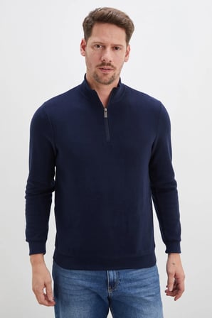 Fitilli Dik Yaka Yarım Fermuarlı Sweatshirt