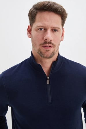 Fitilli Dik Yaka Yarım Fermuarlı Sweatshirt