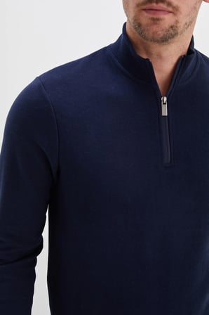 Fitilli Dik Yaka Yarım Fermuarlı Sweatshirt