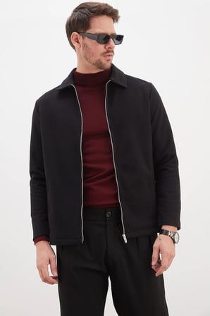 Fermuarlı Polo Yaka Regular Kaşe Ceket