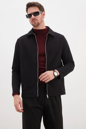 Fermuarlı Polo Yaka Regular Kaşe Ceket