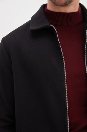 Fermuarlı Polo Yaka Regular Kaşe Ceket