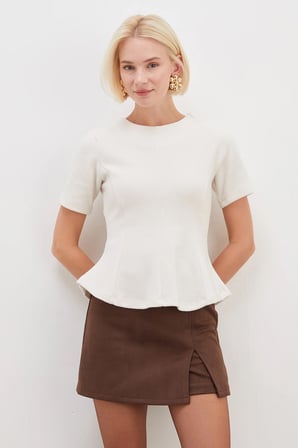 Arkası Fermuarlı Selanik Örme Peplum Bluz