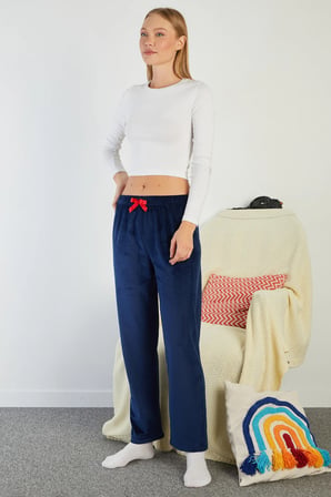 Fiyonklu Beli Lastikli Kadife Pijama Altı