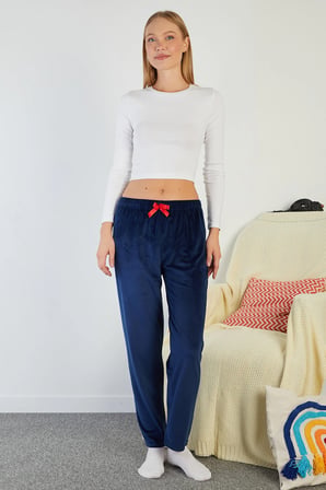 Fiyonklu Beli Lastikli Kadife Pijama Altı