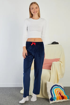 Fiyonklu Beli Lastikli Kadife Pijama Altı