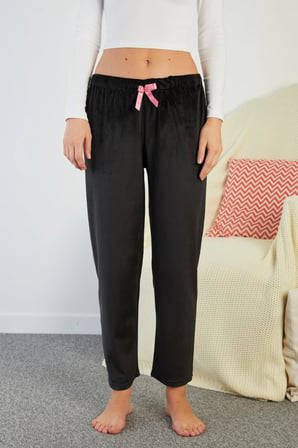 Fiyonklu Beli Lastikli Kadife Pijama Altı