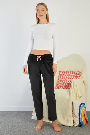 Fiyonklu Beli Lastikli Kadife Pijama Altı