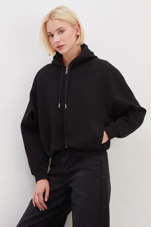3 İplik Fermuarlı Kapüşonlu Yarasa Kol Crop Sweatshirt