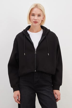 3 İplik Fermuarlı Kapüşonlu Yarasa Kol Crop Sweatshirt