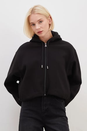 3 İplik Fermuarlı Kapüşonlu Yarasa Kol Crop Sweatshirt