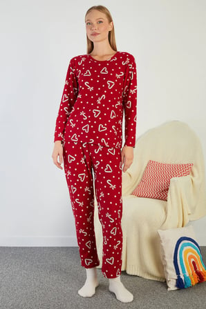 Puantiye Ve Kalp Desenli Bisiklet Yaka Süet Pijama Takımı