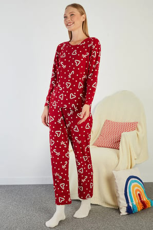 Puantiye Ve Kalp Desenli Bisiklet Yaka Süet Pijama Takımı