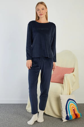 I Love Winter Kabartma Baskılı Kadife Pijama Takımı