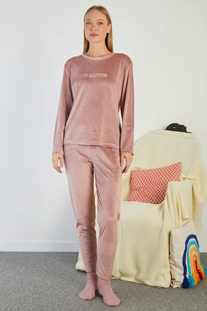 I Love Winter Kabartma Baskılı Kadife Pijama Takımı