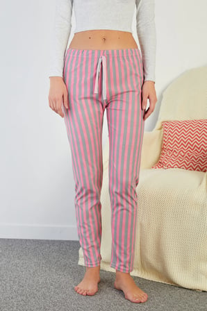 Çizgili Beli Lastikli Süet Pijama Altı