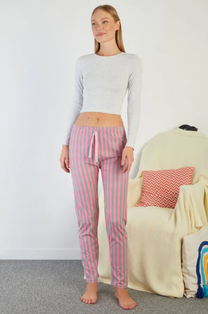 Çizgili Beli Lastikli Süet Pijama Altı