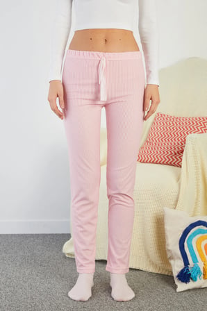İnce Çizgili Beli Lastikli Süet Pijama Altı