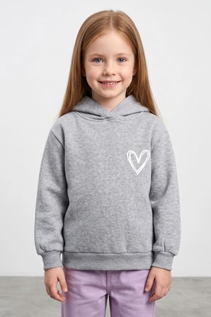 3 İ̇plik Kalp Baskılı Kapüşonlu Kız Çocuk Sweatshirt
