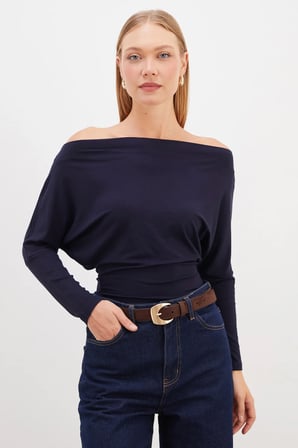 Yarasa Kol Kayık Yaka Büzgülü Modal Bluz