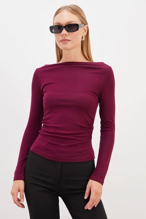 Yanları Drapeli Kayık Yaka Slim Fit Bluz