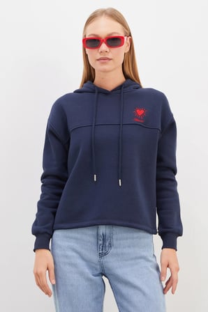3 İplik Kalp Nakışlı Kapüşonlu Stoperli Sweatshirt