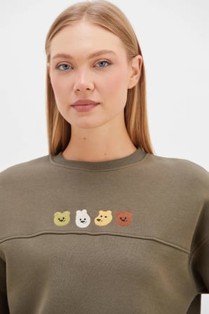3 İplik Ayıcık Nakışlı Stoperli Oversize Sweatshirt
