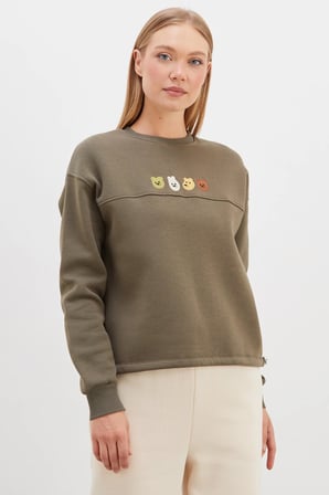 3 İplik Ayıcık Nakışlı Stoperli Oversize Sweatshirt