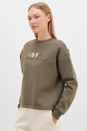 3 İplik Ayıcık Nakışlı Stoperli Oversize Sweatshirt