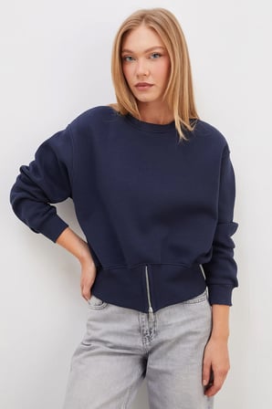 3 İplik Eteği Fermuarlı Bisiklet Yaka Crop Sweatshirt