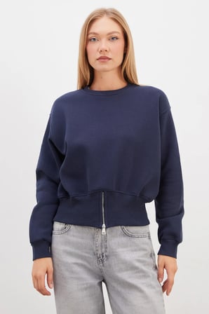 3 İplik Eteği Fermuarlı Bisiklet Yaka Crop Sweatshirt