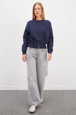 3 İplik Eteği Fermuarlı Bisiklet Yaka Crop Sweatshirt