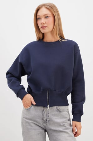 3 İplik Eteği Fermuarlı Bisiklet Yaka Crop Sweatshirt