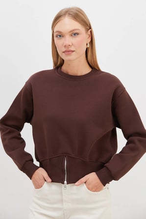 3 İplik Eteği Fermuarlı Bisiklet Yaka Crop Sweatshirt