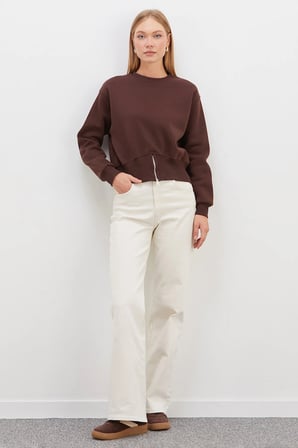 3 İplik Eteği Fermuarlı Bisiklet Yaka Crop Sweatshirt