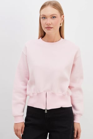 3 İplik Eteği Fermuarlı Bisiklet Yaka Crop Sweatshirt