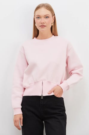 3 İplik Eteği Fermuarlı Bisiklet Yaka Crop Sweatshirt