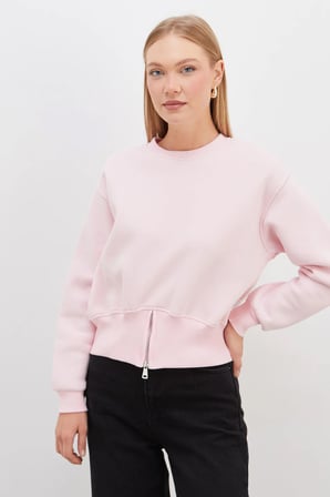 3 İplik Eteği Fermuarlı Bisiklet Yaka Crop Sweatshirt