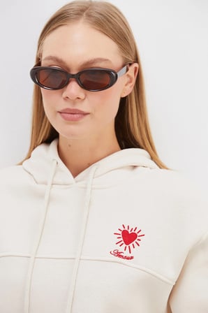 3 İplik Kalp Nakışlı Kapüşonlu Stoperli Sweatshirt